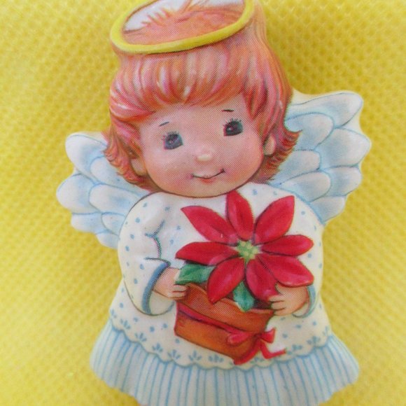 Poinsettia Angel Brooch Resin Angel With A Poinsettia Plant Angel Brooch - Picture 2 of 10